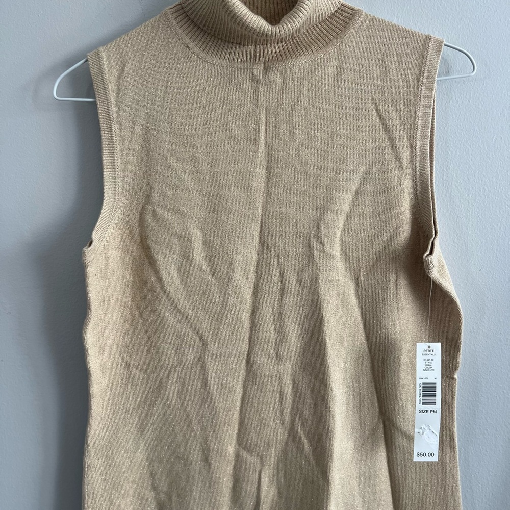 Kate Hill Pull Over‎ Sleeveless Turtleneck Gold Metallic Sweater PM